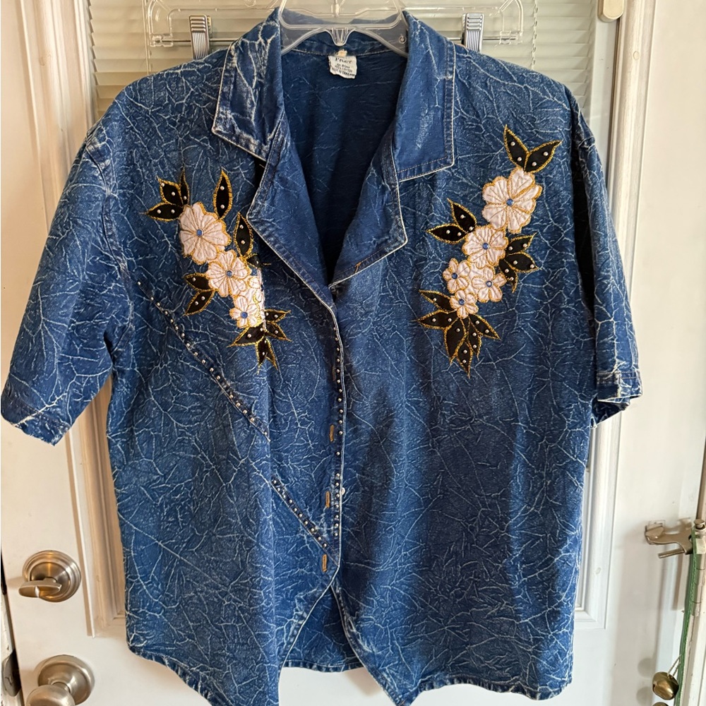 Vintage Denim Shirt Floral Embroidery Applique Beaded by Pret Button Acid Washe